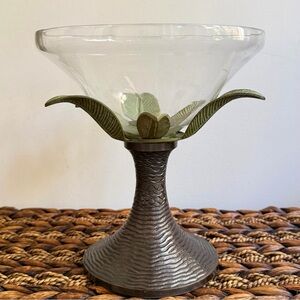 Vintage Large Bronze Metal Palm Tree Glass Bowl Centerpiece